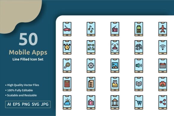50 Vector Mobile Apps Filled Icon Set