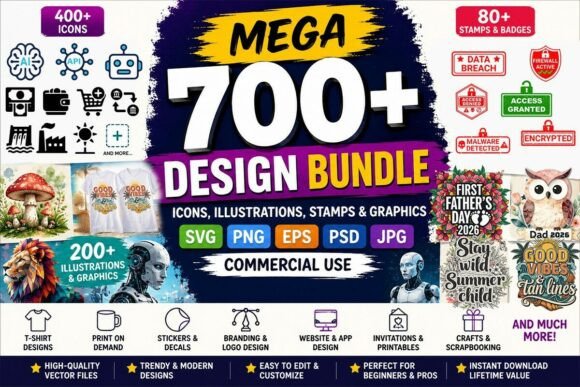 Icons and Illustrations Stamps Graphics Bundle