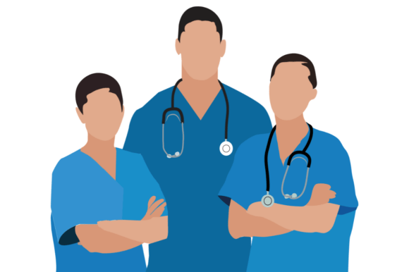Three Healthcare Workers in Blue Scrubs